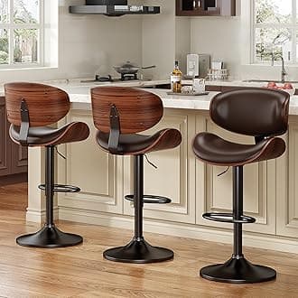 Bar Stools Set of 3, Bentwood Adjustable Height Swivel Bar Stools, PU Leather Upholstered Sitting Chair with Back and Footrest for Bar, Kitchen, Dining Room, Brown