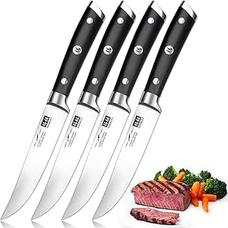 Japanese Steak Knives Set of 4, High Carbon Super Sharp German Stainless Steel Knives with 15° Double Sides Edge & Ergonomic Pakkawood Handle