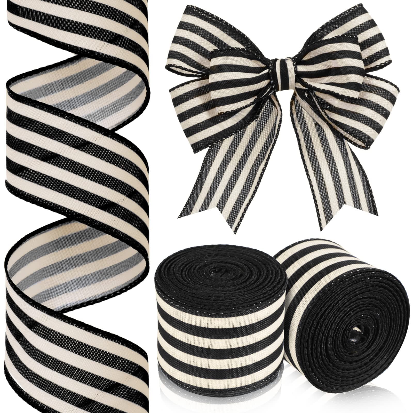 Moukeren 2 Rolls Black and Cream White Stripe Wired Edge Ribbon Halloween Rustic Ivory Boho Black and White Ribbon for Christmas Party Gift Wrapping Bow DIY Craft Home Decor(2 Inch, 20 Yard)