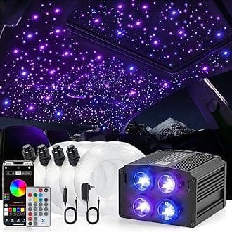 4 Colors 32W Twinkle Starlight Headliner Kit for Car Home with APP&RF Remote,RGBW 500pcs*0.03in*13.1ft Cables Fiber Optic Star Sky Roof Lights,4 Port Engine Sound Activated Car Ceiling Star Lights