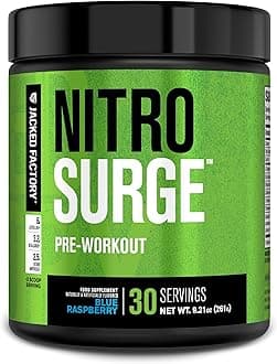 NITROSURGE Pre Workout Supplement - Energy Booster, Instant Strength Gains, Clear Focus, & Intense Pumps - Nitric Oxide Booster & Powerful Preworkout Energy Powder - 30 Servings, Blue Raspberry