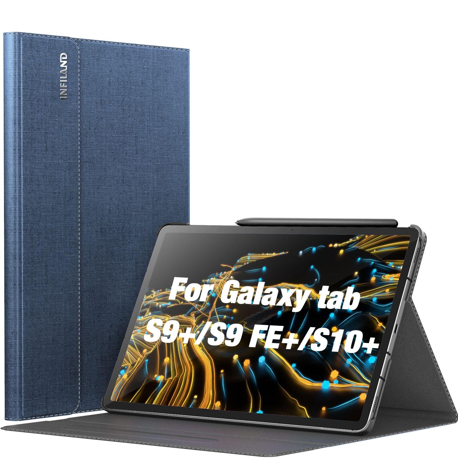 INFILAND Case for Samsung Galaxy Tab S9 FE+ Plus/S9+ Plus 2023, Multi-Angle Stand Protective Case with Pen Holder for Galaxy Tab S9+/FE Plus 12.4 Inch Tablet, Car Sleep/Wake, Navy Blue