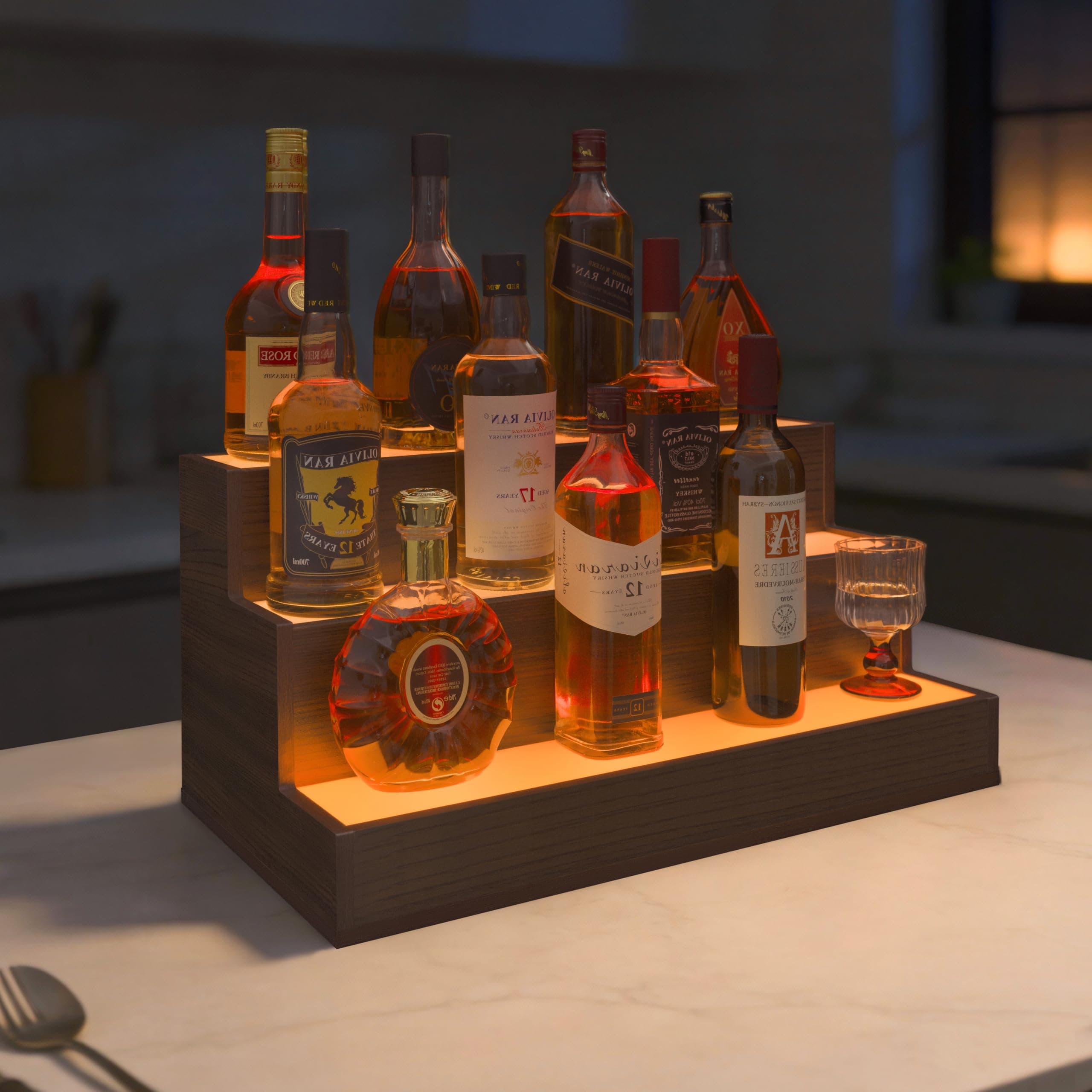 LED Lighted Liquor Bottle Display Shelf, 24 Inch Bar Display Shelf with App & Remote Control 3 Tier for Home Bar, Party, Walnut