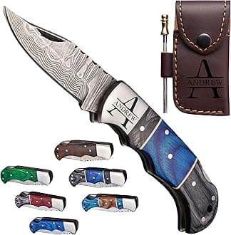 Personalized Handmade Damascus Pocket Knife - Folding Knives for Men with Wood Handle, Wedding, Anniversary, Boyfriend, Dad, Husband, Father, Groomsmen, Best Man Gift, Grandpa, Retirement Gift for Him