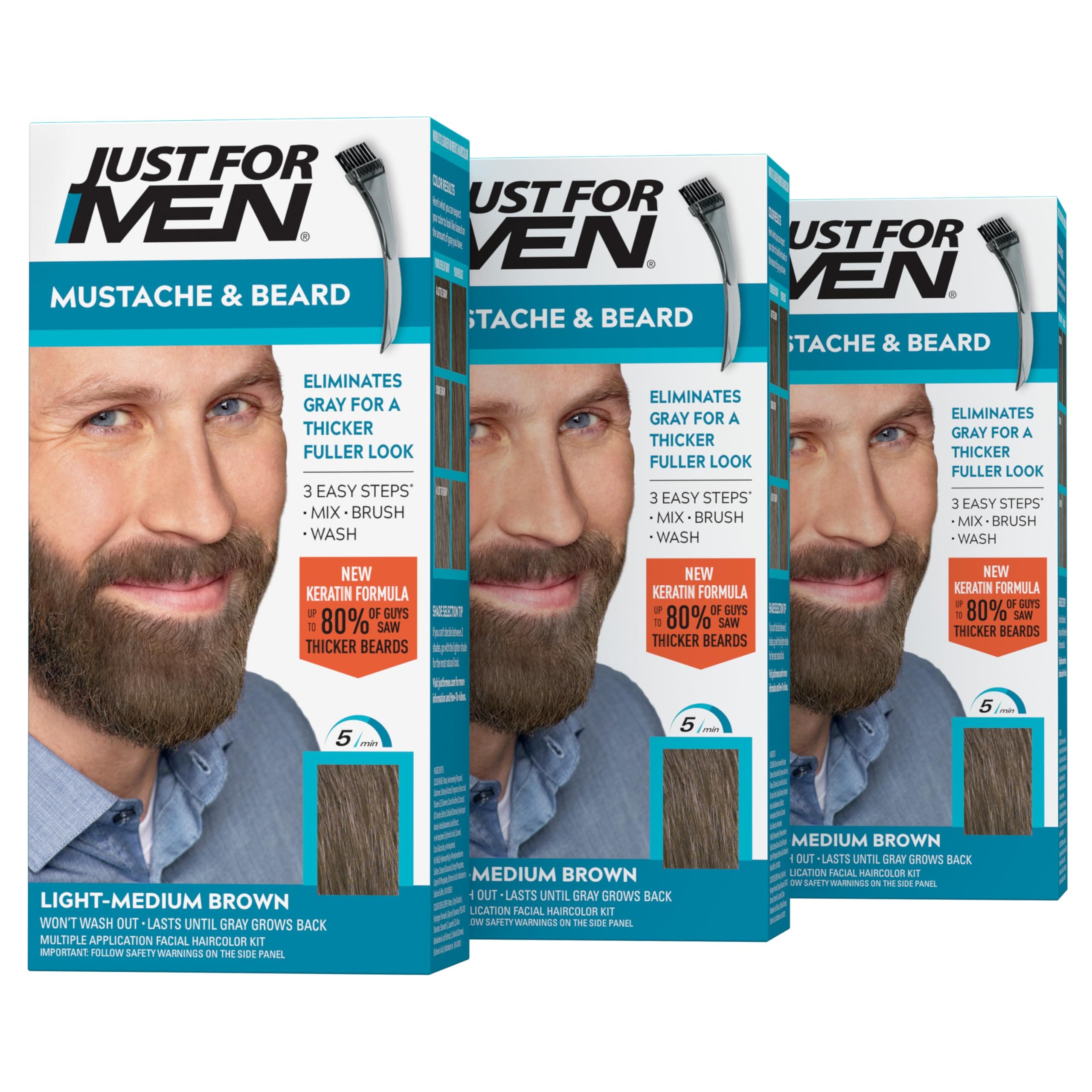 Just For Men Mustache & Beard, Beard Dye for Men with Brush Included for Easy Application, With Biotin Aloe and Coconut Oil for Healthy Facial Hair - Light-Medium Brown, M-30, Pack of 3