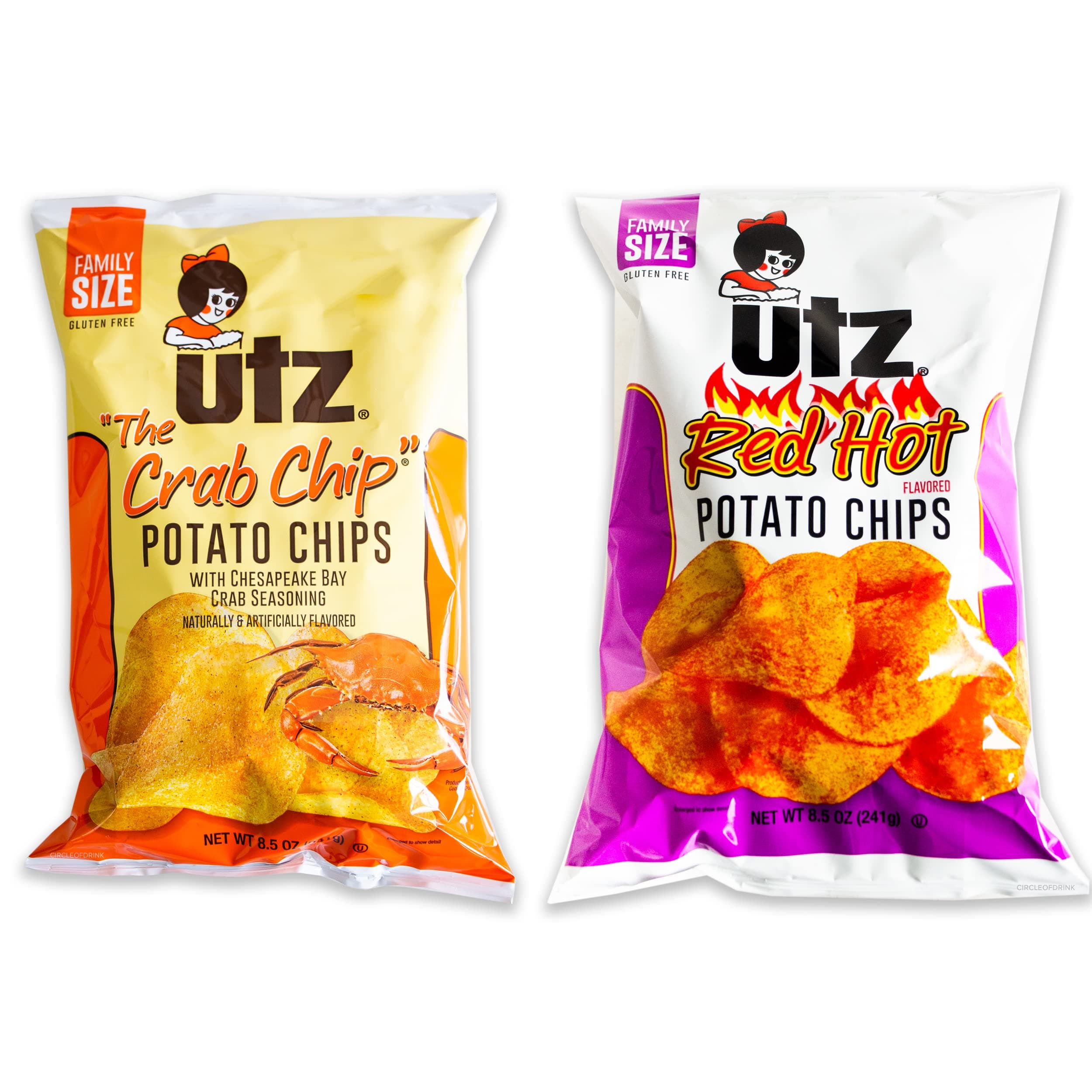 Utz The Crab Chip (1, 8.5oz bag) - Variety Pack - Utz Red Hots (1, 8.5oz bag) - Chesapeake Bay Crab Seasoning - Flaming Hot Flavors - Tasty Spices - 2 Items Total