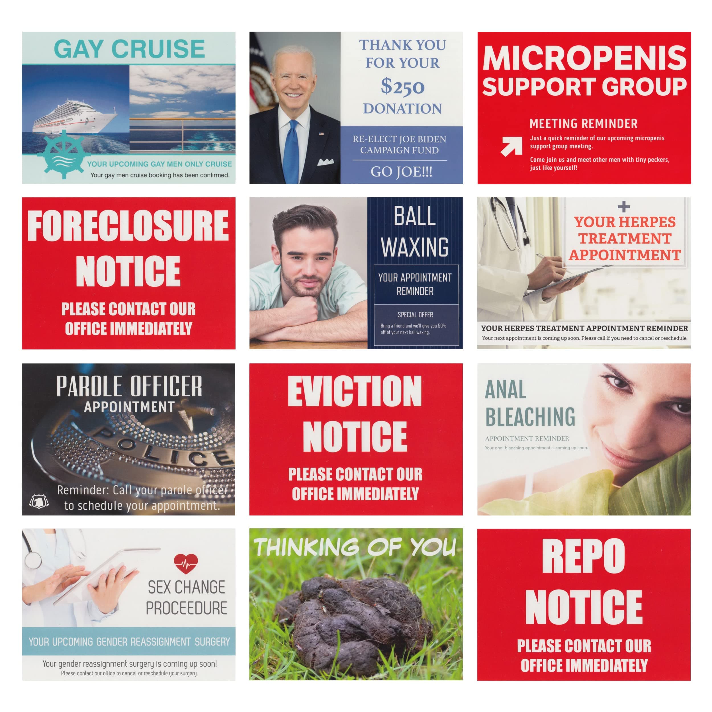 Crazy Novelty Guy (12-Pack) Variety Pack Prank Postcards - 12 Different Prank Postcards - Pranks Practical Jokes Gags Revenge Hate Mail - Send Them To Your Victims Yourself