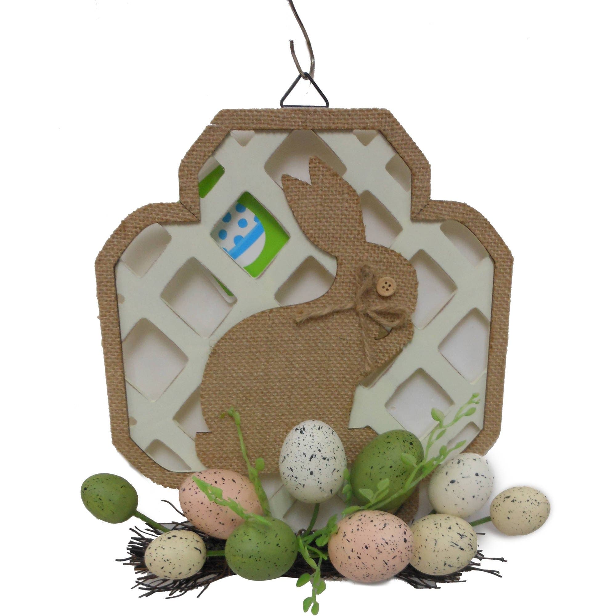 12" Easter Speckled Eggs & Burlap Bunny Hanging Front Door Decor ~Lattice Background Centerpiece Wall Decoration