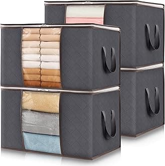 4 Pack Clothes Storage Bags, Foldable Storage Box Moving Bags Wardrobe Storage Organiser Packing Boxes for Moving House with Clear Window for Clothing Bedding Blankets, Grey