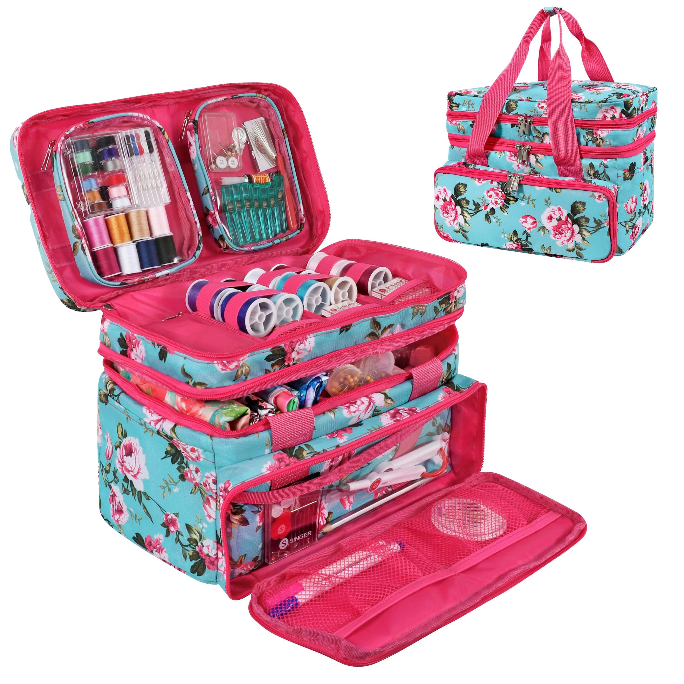 Sewing Accessories Organizer (Bag Only) – Double Layer Portable Sewing Storage Bag | 2 Detachable Pouches and 18 Compartments, Large Sewing Supplies & Crafting Carry-All (Turquoise Floral)