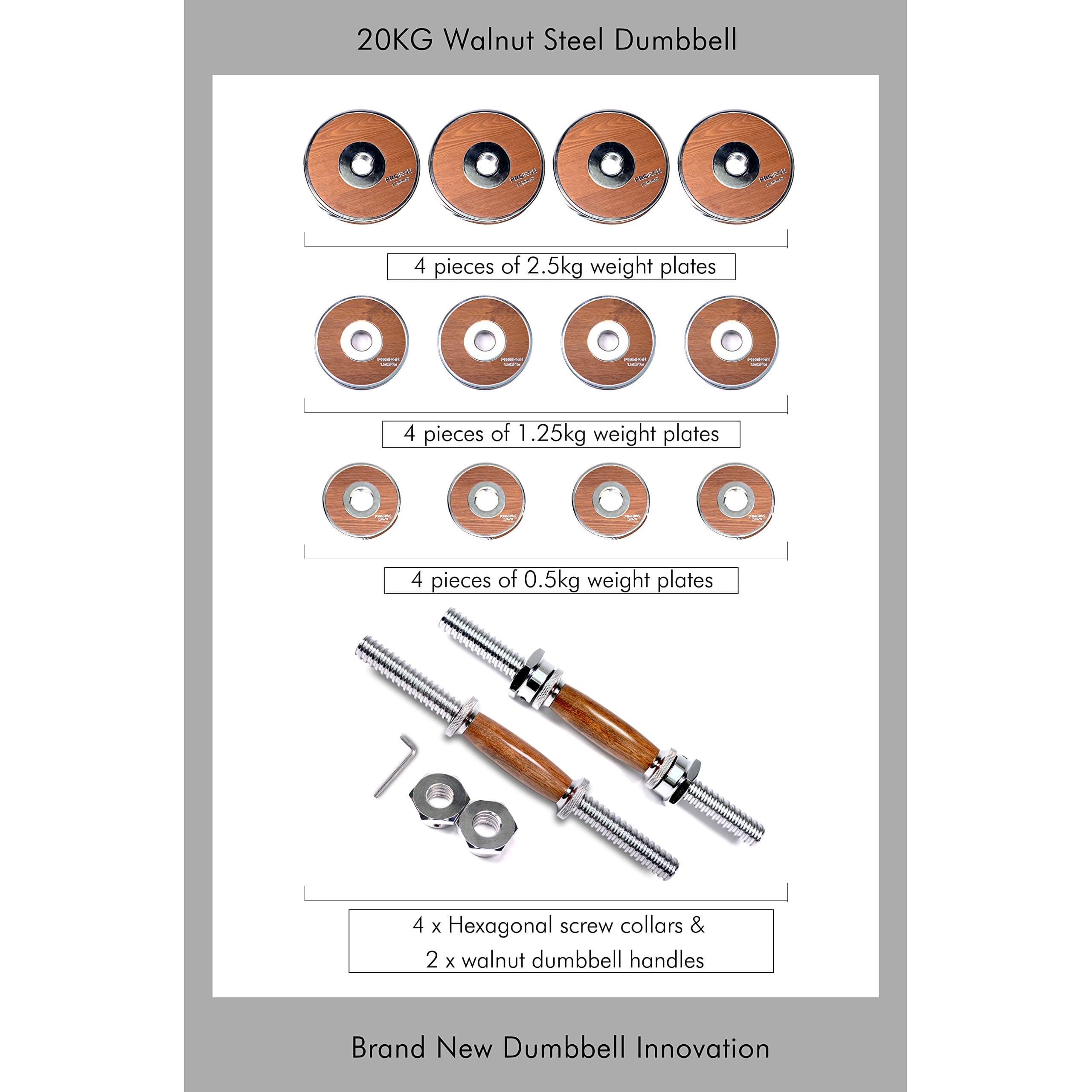 PROIRON Steel Dumbbell with Walnut Handle - 20kg Adjustable Dumbellsweights Set for Men Women, Hand Weight Pair, Free Weights for Strength Training Equipment Home Gym Fitness