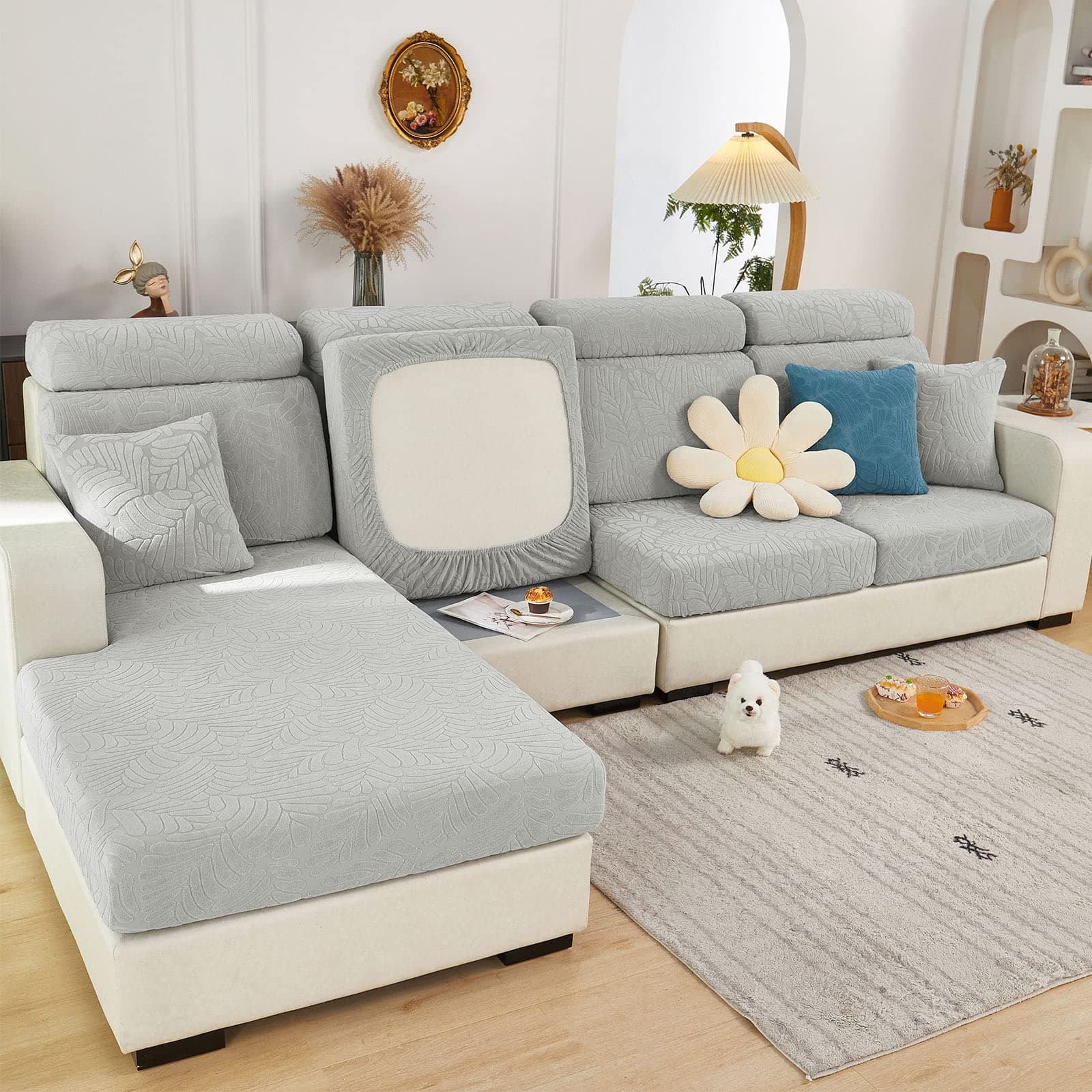 2025 New Wear-Resistant Universal Sofa Cover, Stretch Couch Cushion Slipcovers Replacement, Anti-Slip L Shape Sofa Covers, Chaise Lounge Sofa Slipcover (Leaves Light Grey,Large Single Seat Cover)