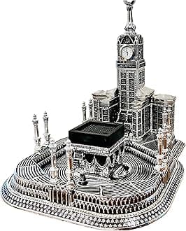 House Warming & Eid Islamic Gift - Al Kaaba & Mecca Clock Tower Replica with Asma ul Husna, Acrylic Turkish Decor (Silver-Lg)