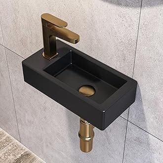 Small Bathroom Sink DeerValley, 15"x7" Mini Rectangle Wall Mount Vessel Sink for Bathroom Powder Room Cloakroom, Floating Space Saving Design, Easy to Clean Matte Black Ceramic Wash Basin (Left Hand)