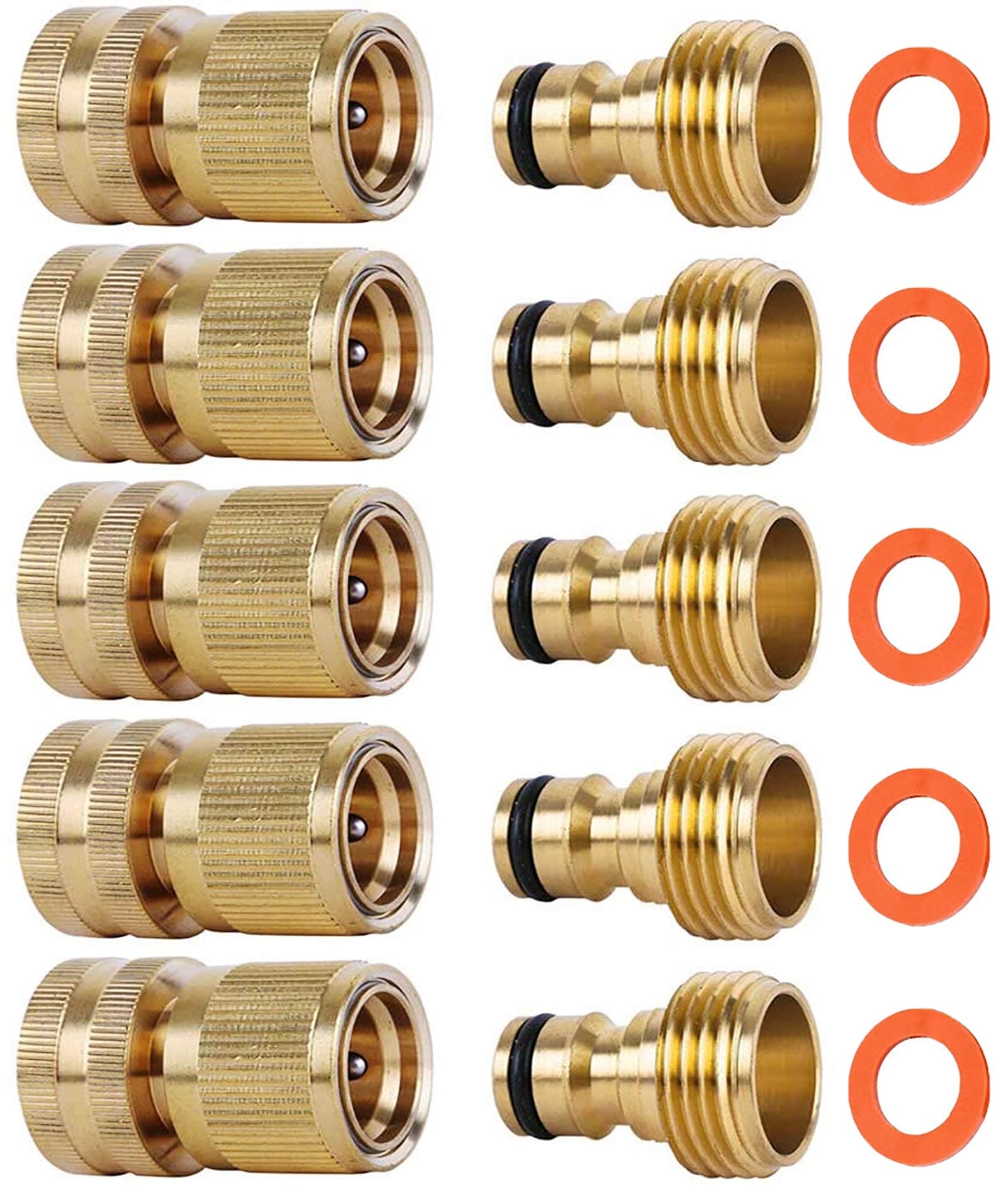 Garden Hose Quick Connectors, Solid Brass 3/4 inch GHT Thread Easy Connect Fittings No-Leak Water Hose Male Female Value Pack (5)