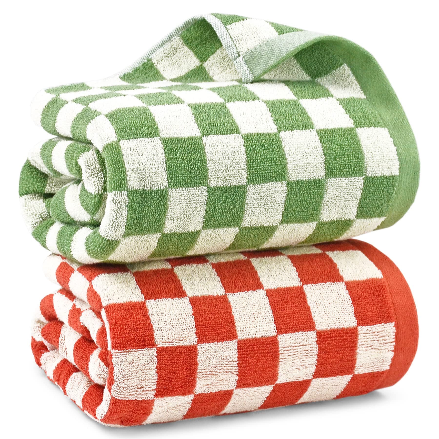 Checkered Bath Towels for Bathroom, 2 Pack Shower Towels 55" x 27.5", Super Absorbent and Quick Dry (Orange + Green)
