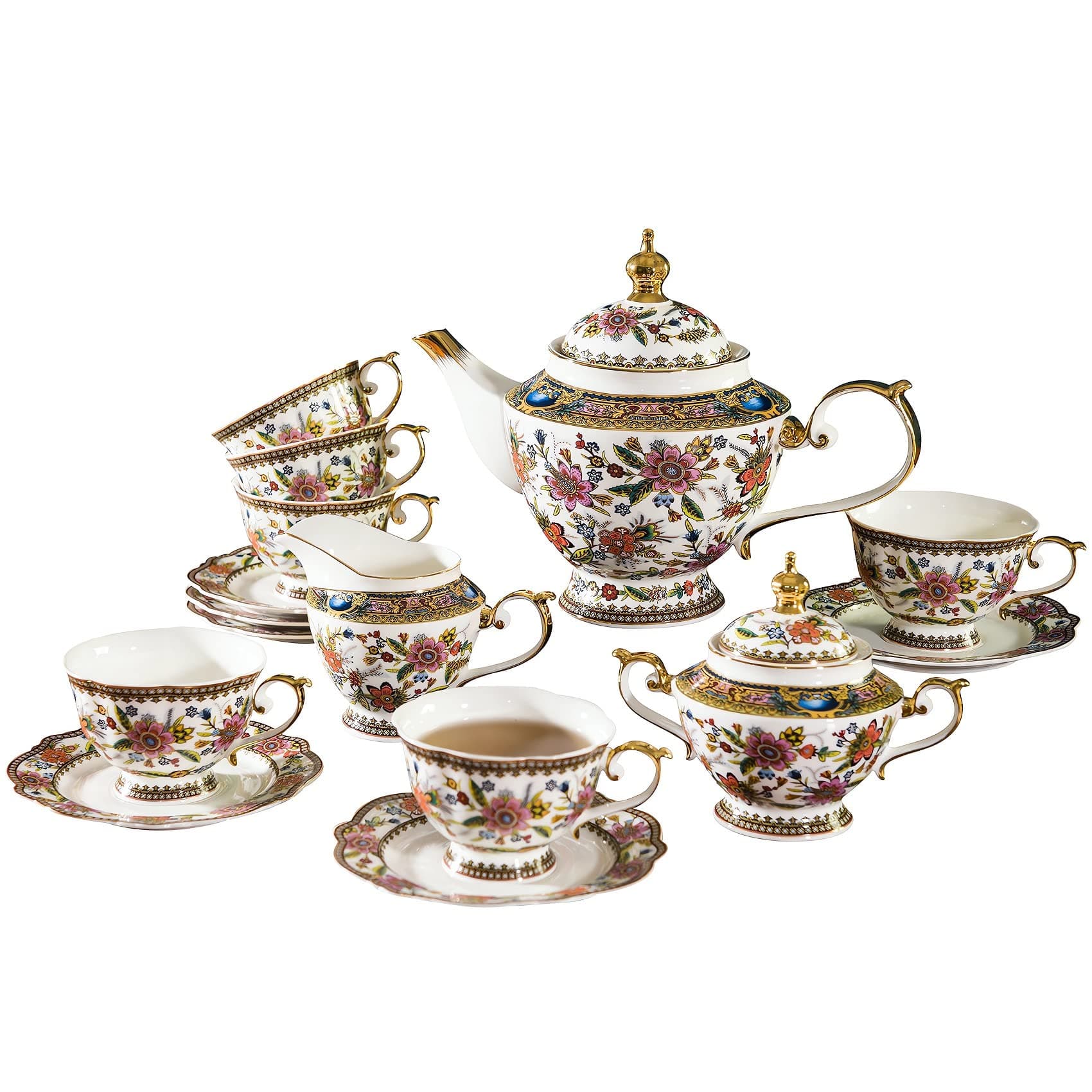 ACMLIFE Tea Set for Adults for 6, Blue and White Tea Set with Cups, Bone China Vintage Floral British English Tea Pot with Cups and Saucers for Women Party, Afternoon Service or Gift Giving (Pink)