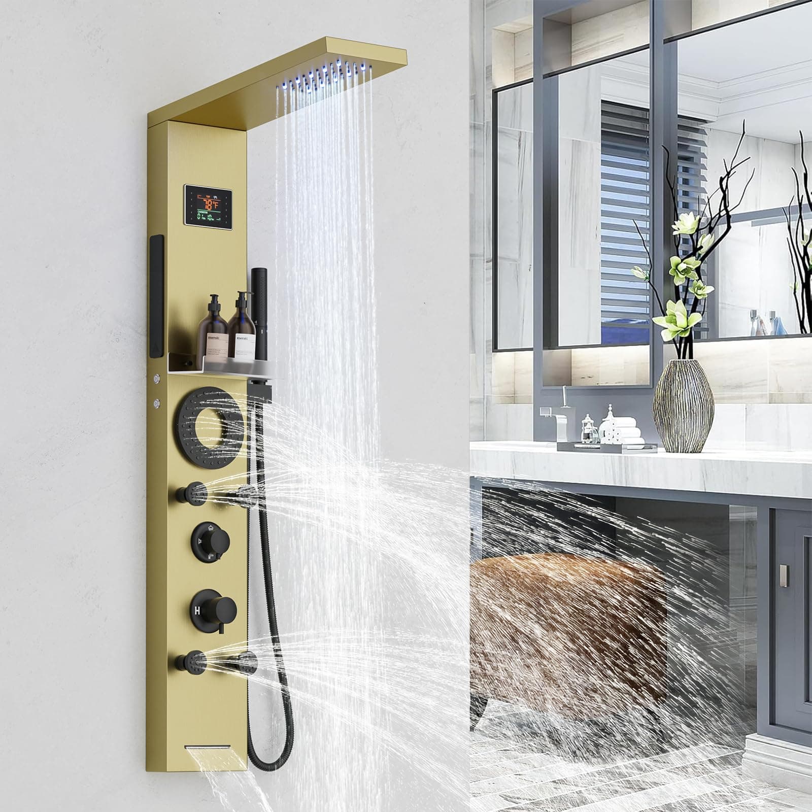RUMOSE Brushed Gold Shower Panel Tower System, 5-Function Shower Faucet Set LED Light Rainfall Shower Head Digital Display with Massage Jets Tub Spout Shower Shelves, Stainless Steel, Wall Mount