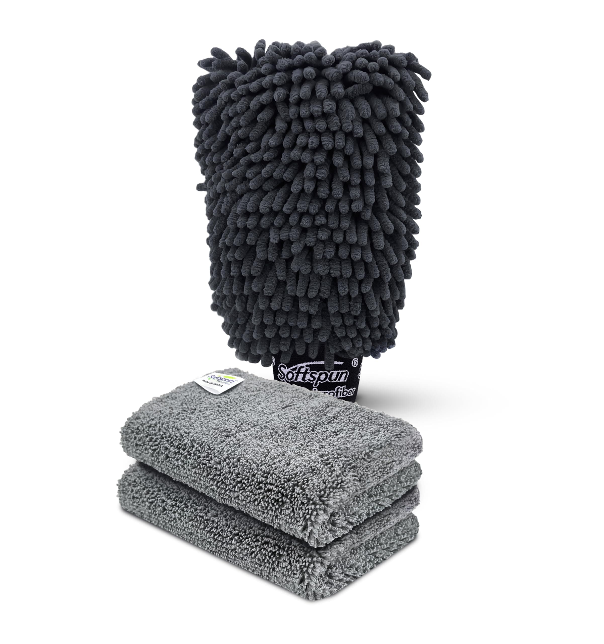SOFTSPUN Microfiber Chenille & Glass Cloth Mitt, 1 Piece 1700 GSM Grey, Multi-Purpose Super Absorbent and Perfect Wash Clean with Lint-Scratch Free Home, Kitchen, Window, Dusting!