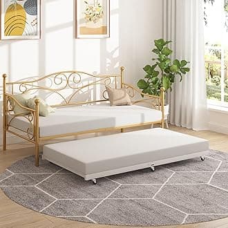 VECELO Metal Daybed Frame with Trundle Multifunctional Platform Bed Sofa with Headboard/Twin Size Mattress Foundation for Guest Living Room,Gold