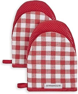 KitchenAid Gingham Cotton Mini Oven Mitt 2-Pack Set, Passion Red, 5.5"x8"