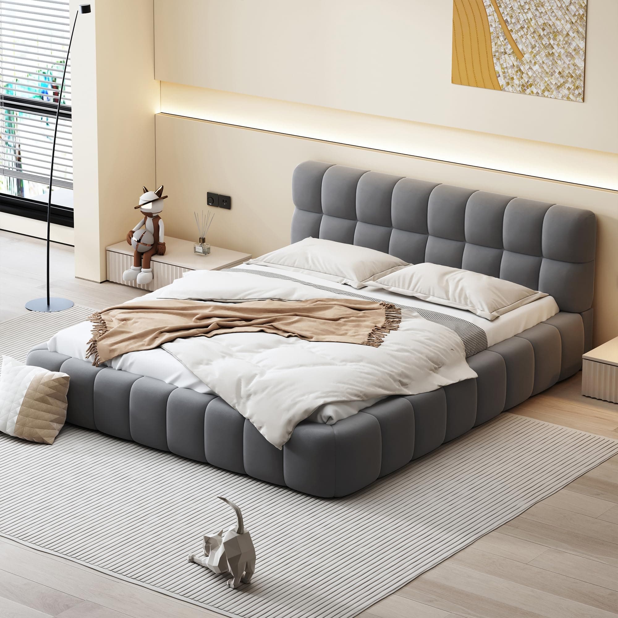 Merax Modern Tufted Plattform Bed Queen Linen Floor Bed Frame with Wingback No Box Spring Needed Gray