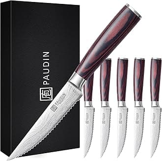 PAUDIN Steak Knives Set of 6, Kitchen Steak Knife 4.5 Inch, High Carbon Stainless Steel Steak Knives, Serrated Steak Knife with Pakkawood Handle, Dinner Knives with Gift Box
