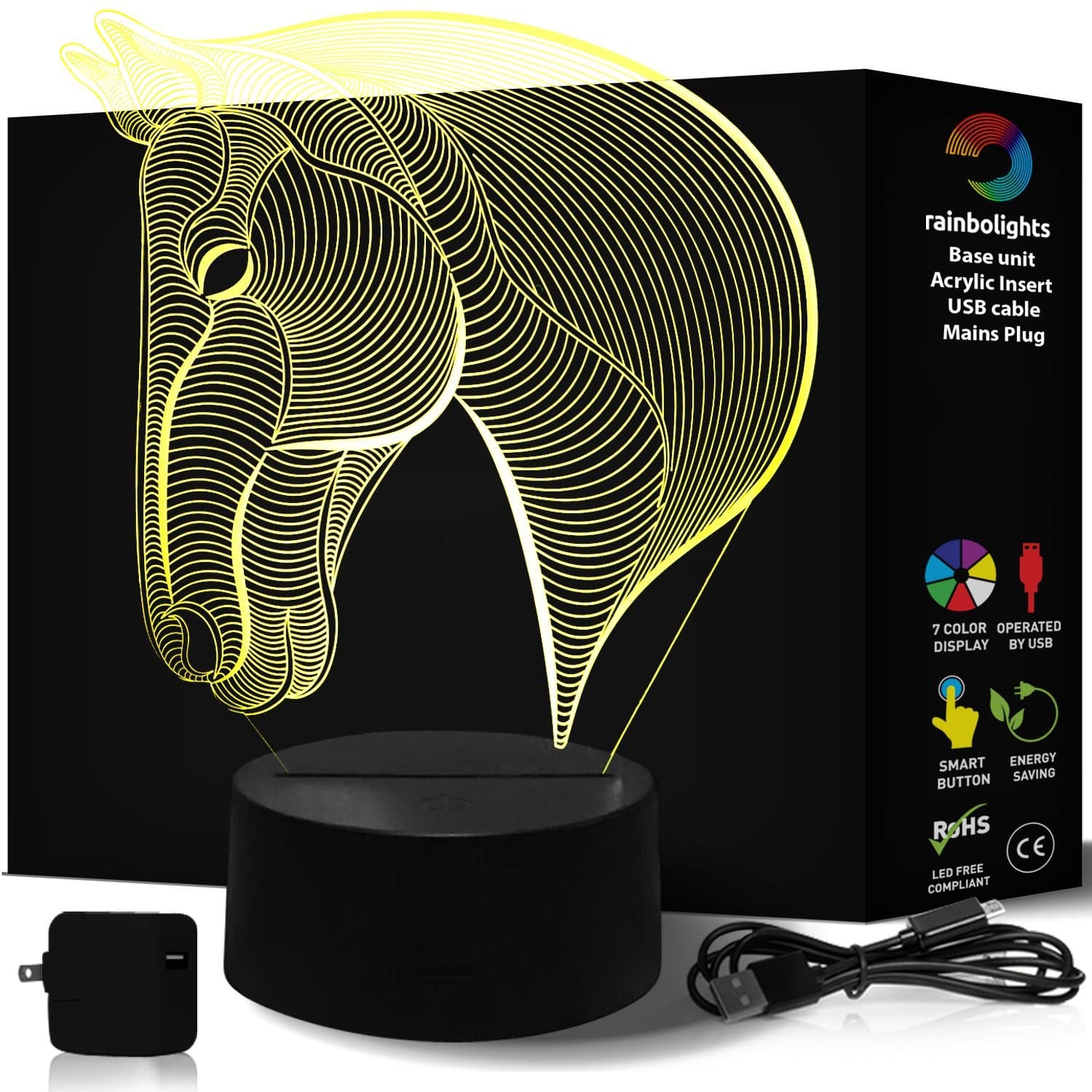 Birthday Gift Girls Horse 3D Lamp 7 Color Does Not Get Hot A Great Compliment to Any Horse Toys or Books Comes with Mains Plug and USB Cable Larger Size 226mm high 184mm Wide by rainbolights