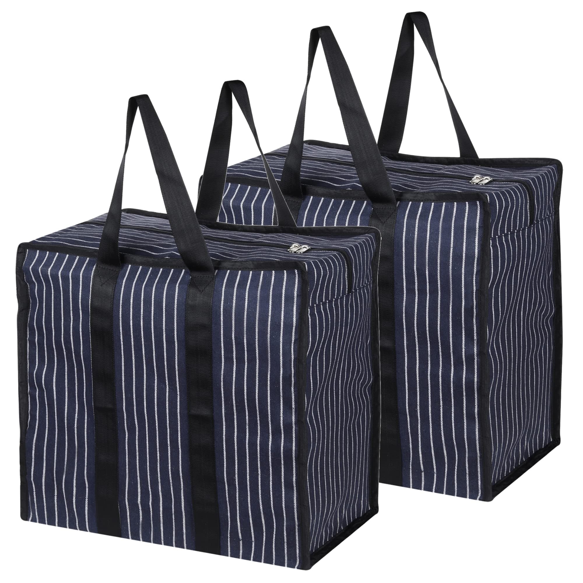 Double R Bags Extra Large Multipurpose Heavy Duty Canvas Storage Organizer Shopper Bag with Strong Handles, Zip Cover & 1 Compartment (43x26.6x45.7 cm, Navy, Pack of 2)