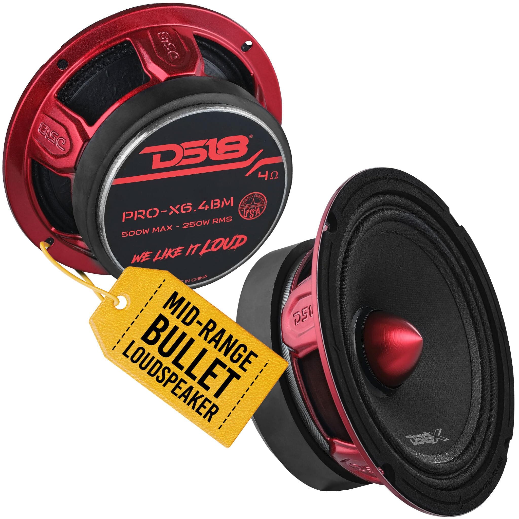 DS18 PRO-X6.4BM Loudspeaker 6.5" Mid-Range Red Aluminum Bullet Max 500W RMS 4 Ohm Premium Quality Audio Door Speaker for Car Truck Stereo Sound System (2 Speakers)