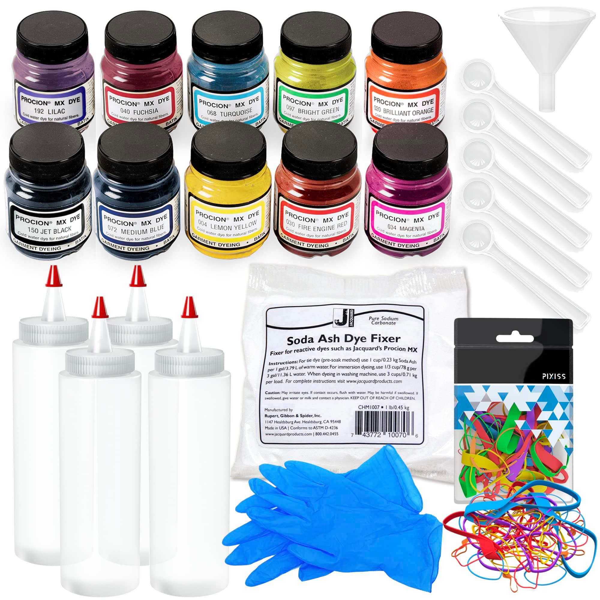 Jacquard Procion MX Bundle Fiber Reactive Dye, Jacquard Soda Ash 1-Pound,3 Pairs of Pixiss Latex Gloves, 1-Ounce Assorted Sizes Rubber Bands, 4X 8-Ounce Squeeze Bottles, 10 Craft Spoons Scoops