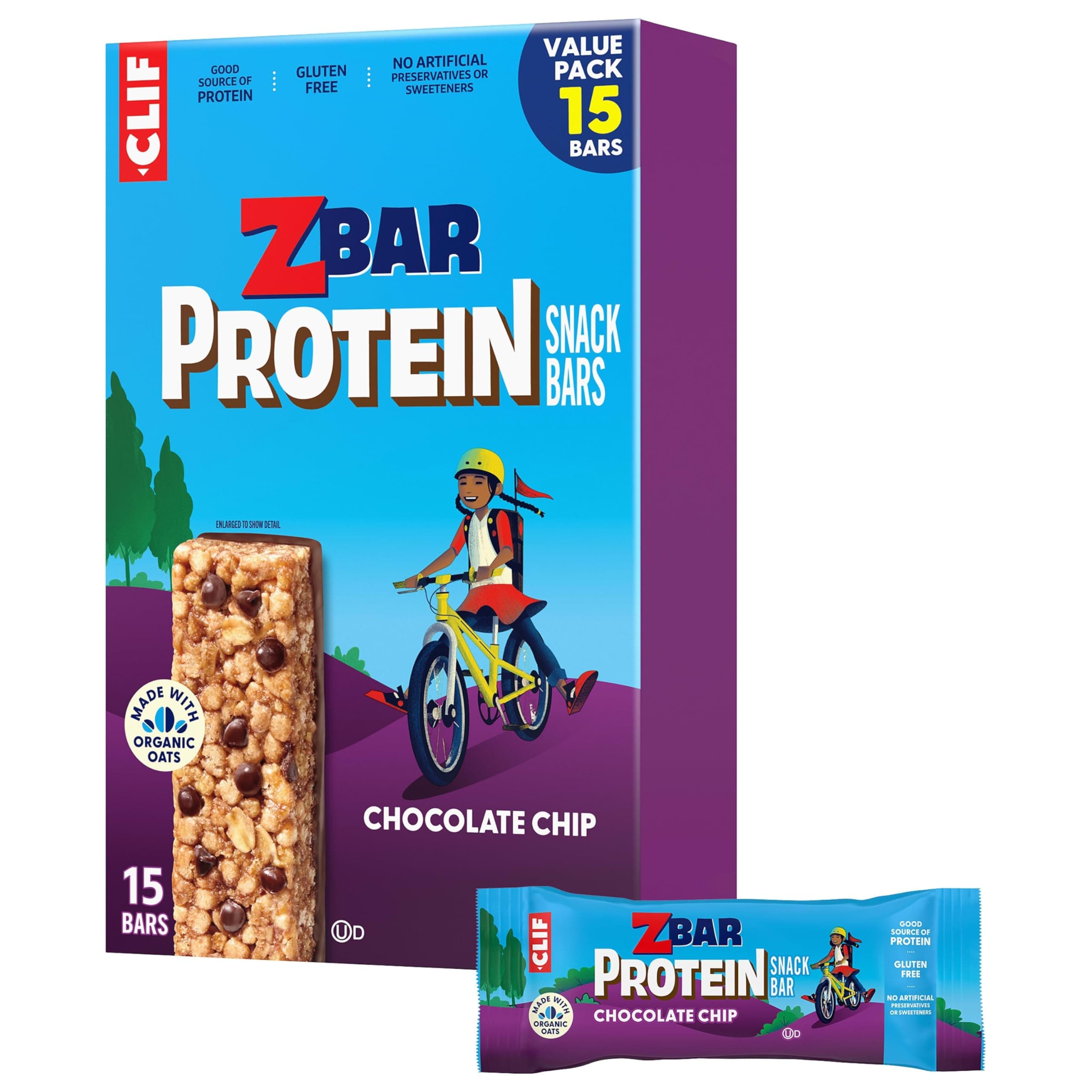 Zbar Protein - Chocolate Chip - Crispy Snack Bars - Made with Organic Oats - Non-GMO - 5g Protein - Gluten Free Protein Bars (15 Pack)