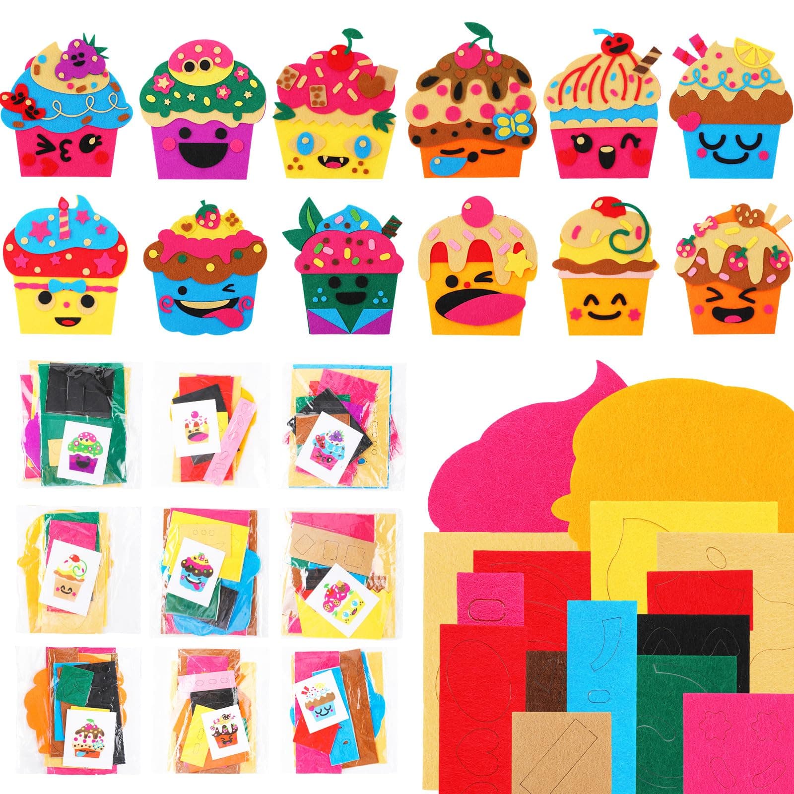 Lenwen 24 Pieces Cupcake Craft Kit for Kids Make-a-face Cupcake Craft Sweet Creative Your Own Cupcakes Stickers Cupcake Art Craft Projects for Kids Classroom Birthday Party Favor Supplies, 12 Styles