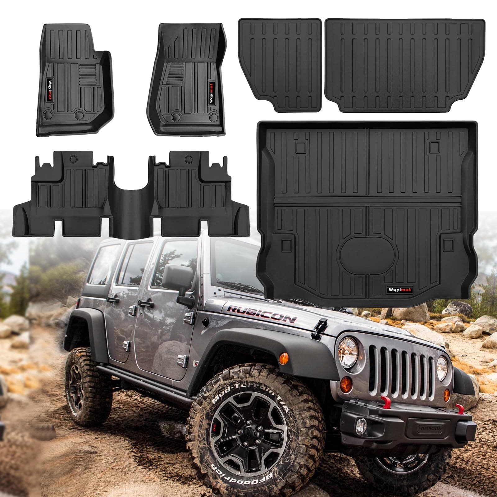Custom for 2007-2018 Jeep Wrangler JK 4 Door Floor Mats & Cargo Liner & Backrest Mat All Weather TPE Rubber Protection Mat (for 2007-2018 JK 4 Door Accessories 6 Pcs)
