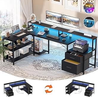 Aheaplus L Shaped Desk with File Drawer, 66" Reversible L Shaped Computer Desk with Power Outlet & LED Strip, Gaming Desks with Long Monitor Stand, Corner Office Desks with Storage Shelf, Black