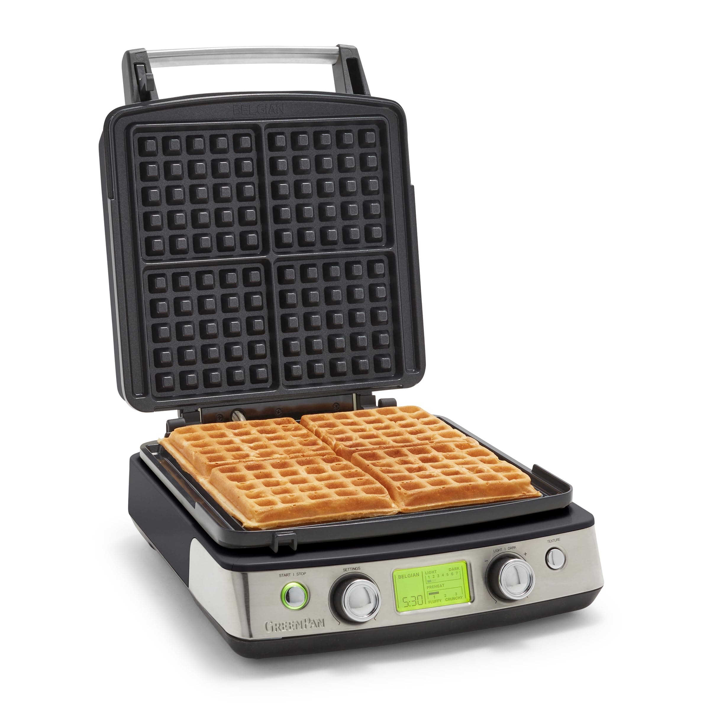 GreenPan Elite 4-Square Belgian Waffle Iron, Healthy Ceramic Nonstick Plates, Easy One-Touch Presets, Black