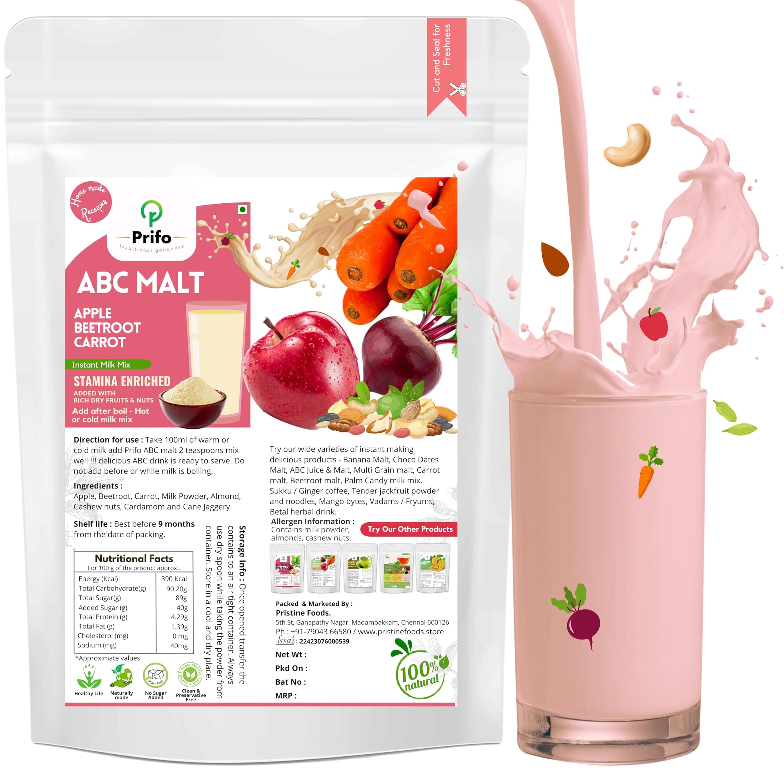 Prifo ABC Malt | Apple Beetroot Carrot Milk Mix | No White Sugar | Natural | With Almonds, Cashew & Jaggery | Instant Mix for Kids & Adults | Immunity & Stamina Booster | 250g