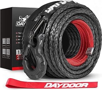 DAYDOOR Synthetic Winch Rope, 1/2 Inch x 92ft 31,500 LBS Synthetic Winch Line, Synthetic Winch Cable for Offroad Vehicle 4WD SUV Jeep Truck, Synthetic Rope with Forged Winch Hook(Gray)
