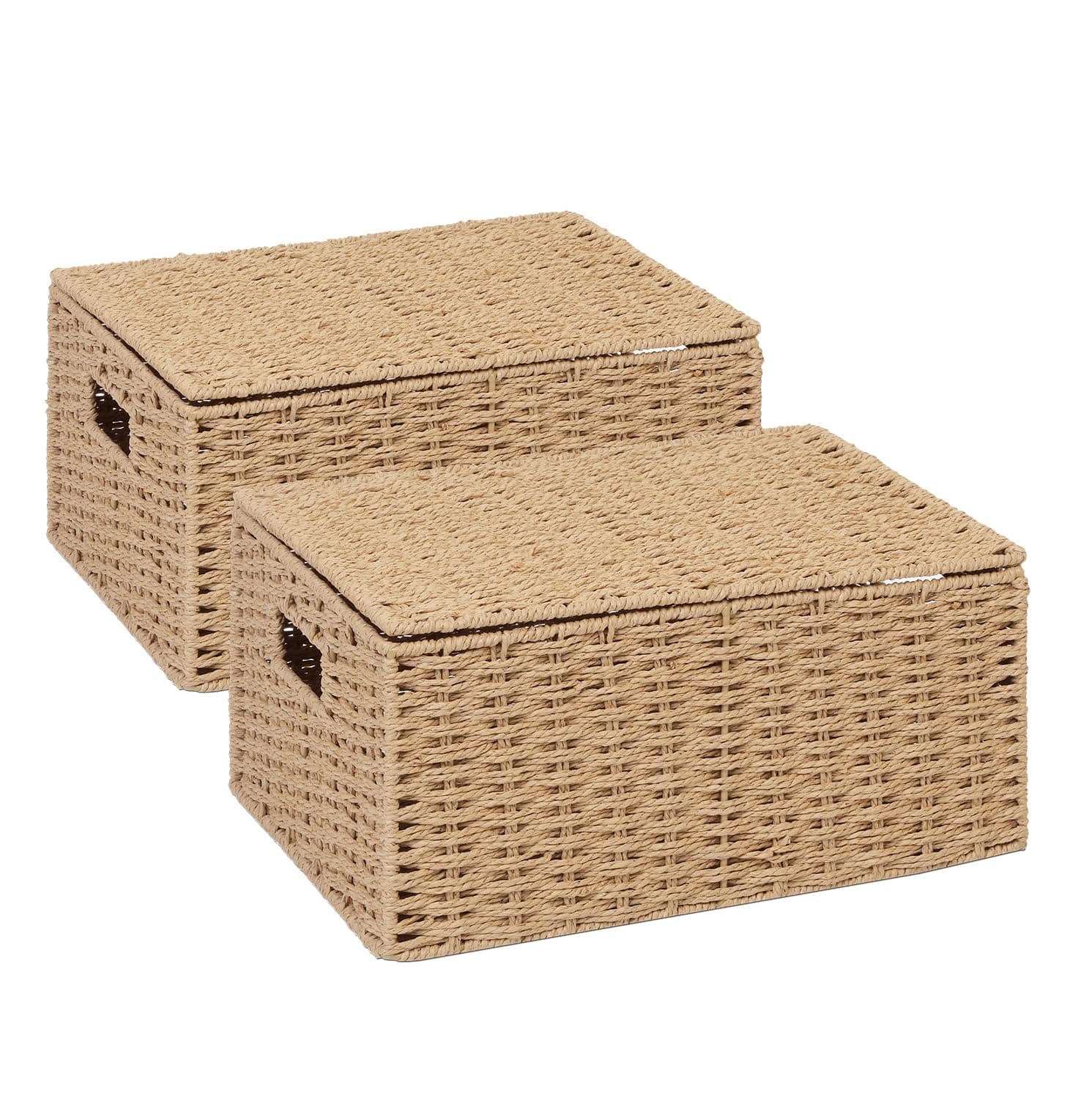 ARPAN 2 x Paper Rope Storage Hamper Basket With Lid - Ideal For Home/Office & Gifts Hamper (Natural - Large)