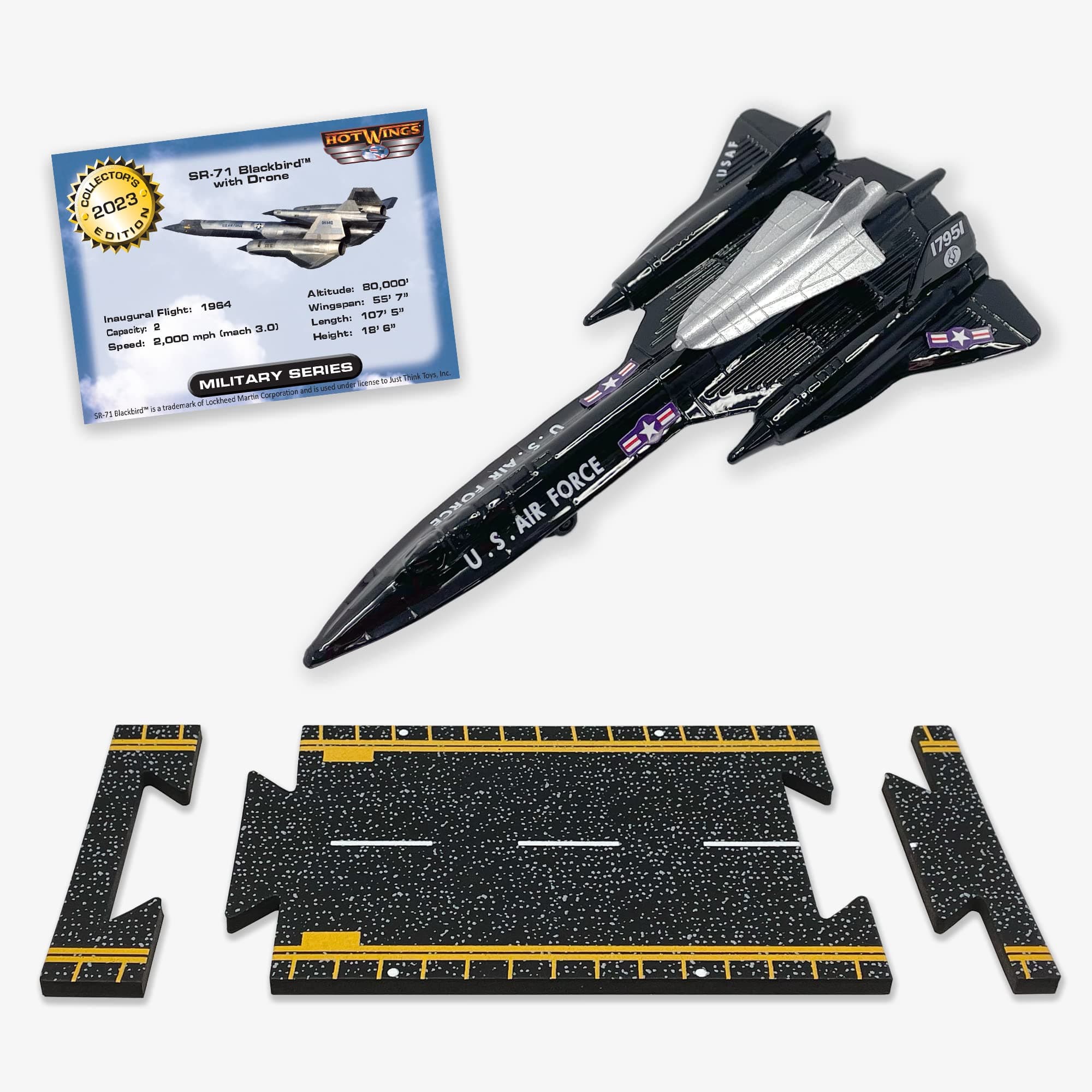 Hot Wings Planes SR-71 Blackbird (with Drone) with Connectible Runway Die Cast Plane in Aviation Museums Nationwide, Black