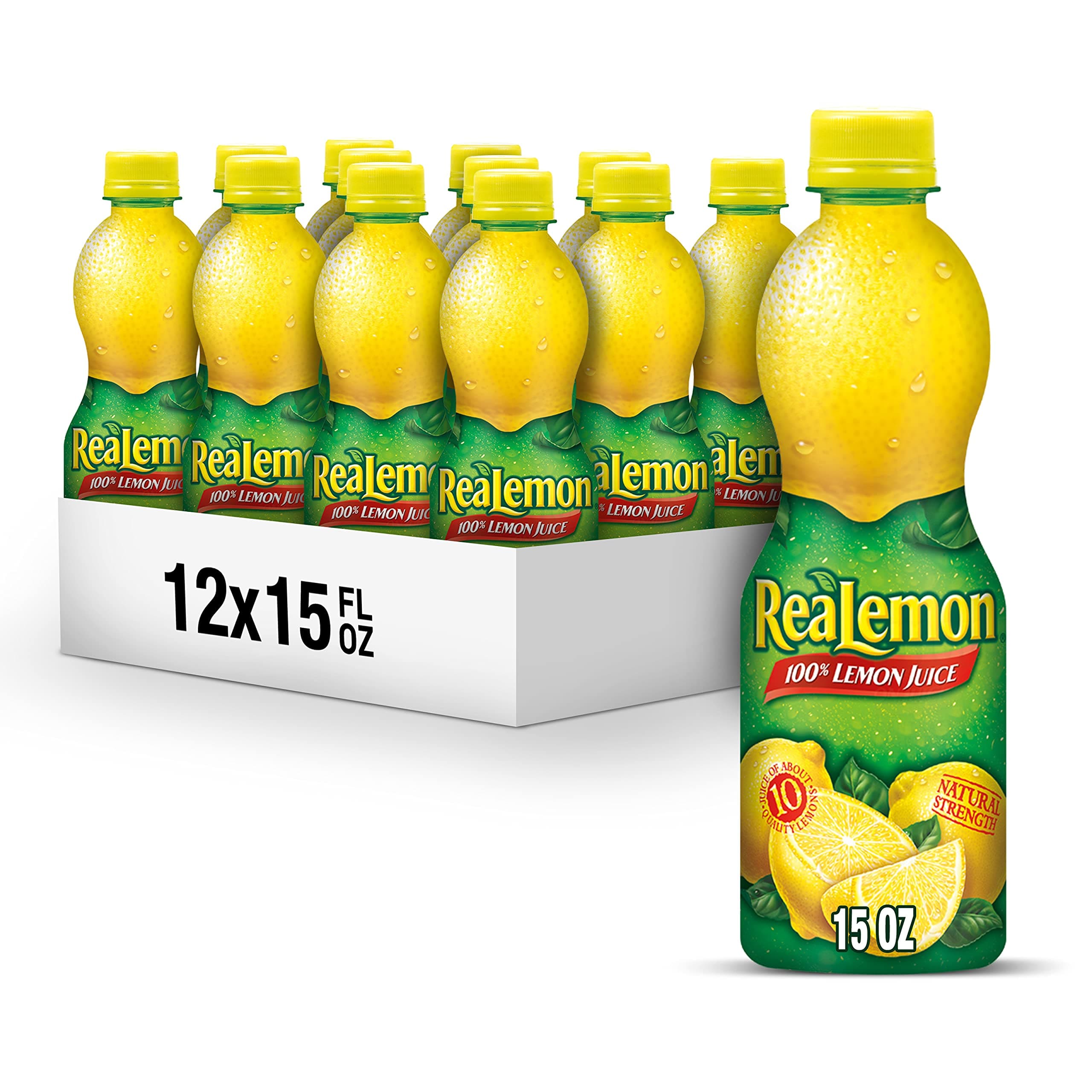 ReaLemon 100% Lemon Juice, 15 fl oz bottle (Pack of 12), Made with Lemon Juice from Concentrate, Gluten-Free, Sodium Free, Perfect Mixer to add to Cocktails and Marinades