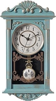 Clockswise Vintage Grandfather Wood Look Plastic Pendulum Decorative Battery Operated Wall Clock Office Home Decor Living Room Kitchen Dining Room Blue Gold Antique Design