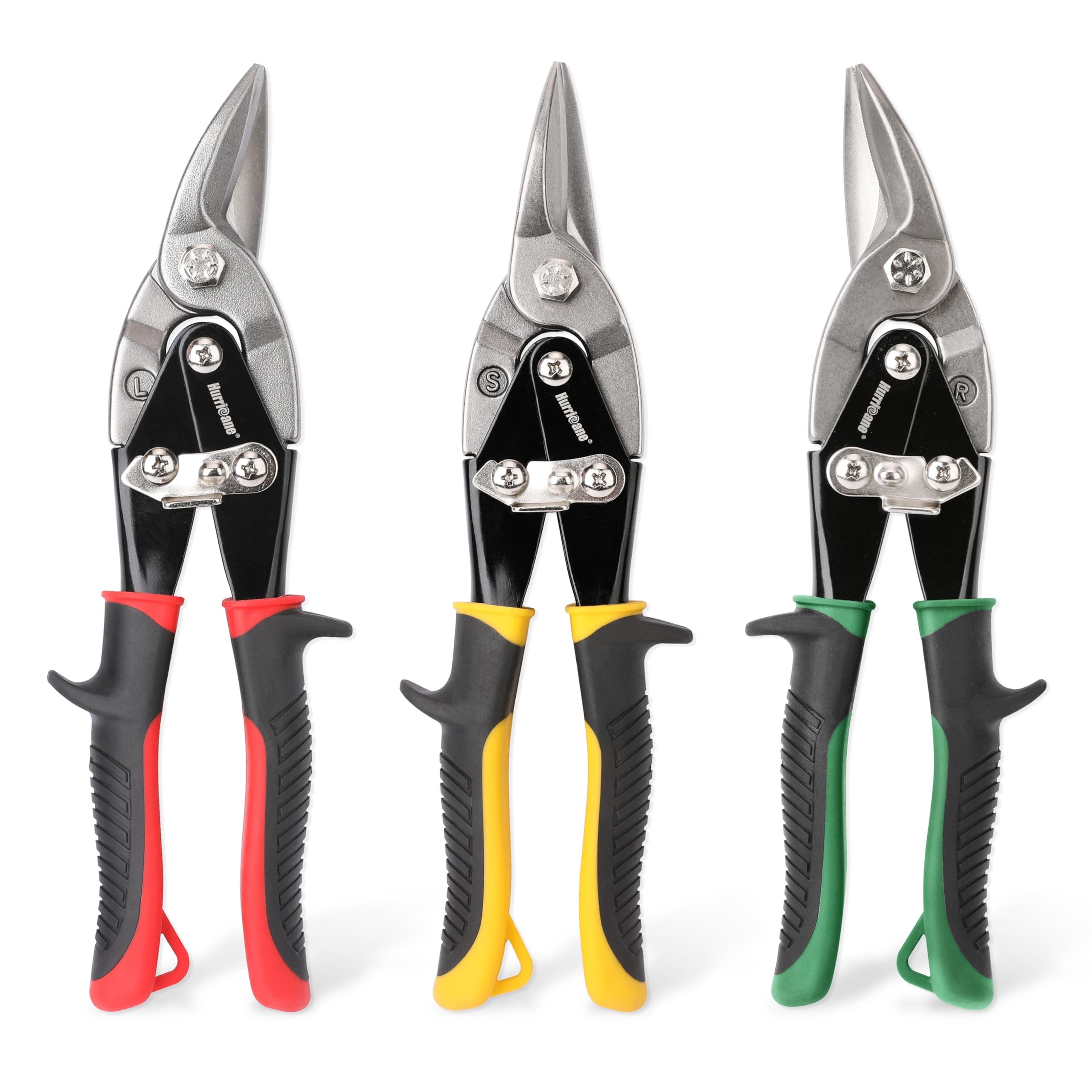 HURRICANE 3 pc Aviation Tin Snips Set, 10 inch Metal Cutter Shears for Cutting Sheet Metal, Cr-V Blades, Straight Left and Right Aviation Snips, with Ergonomical TyreGrip Handle and Safety Latch