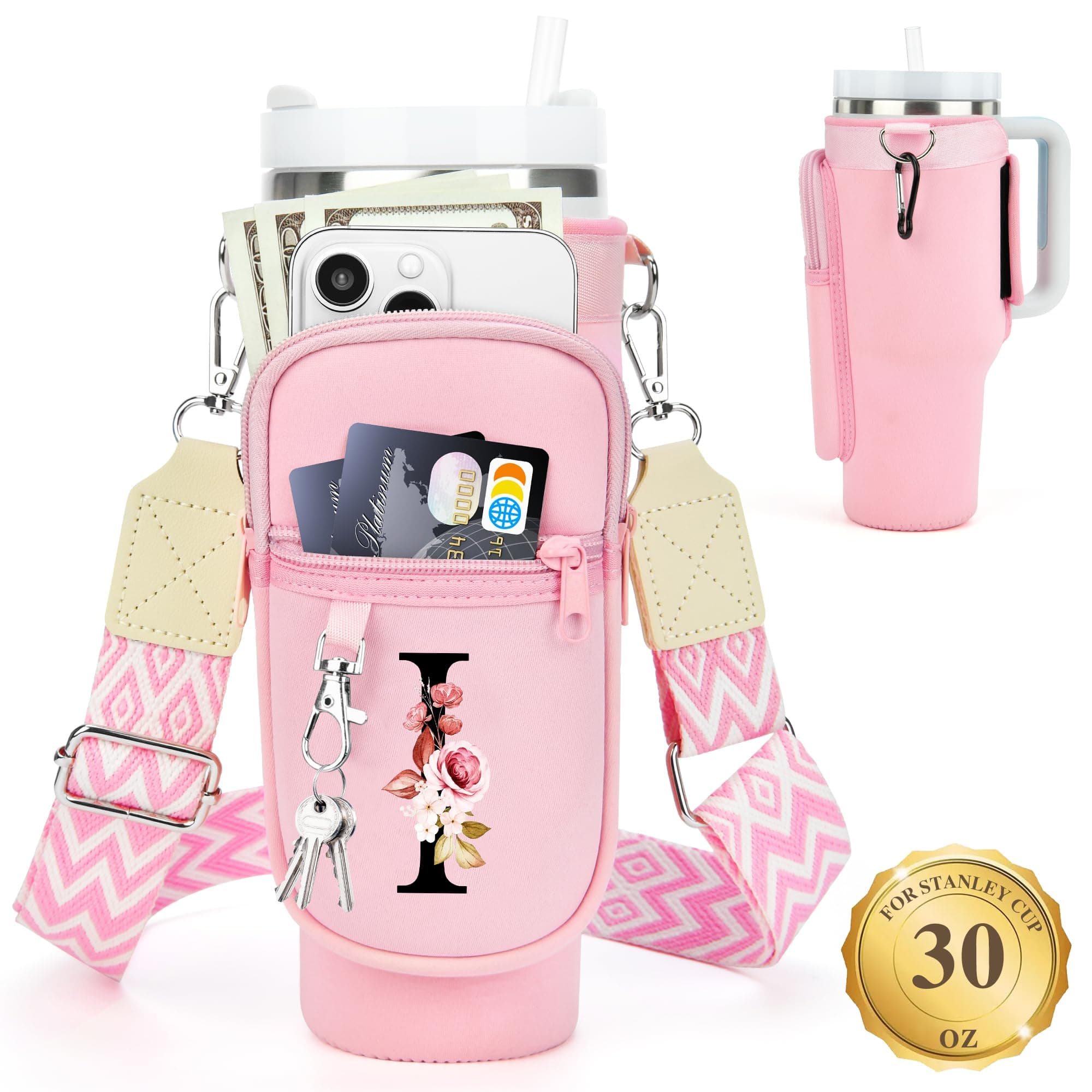 LOKASS Water Bottle Holder with Strap for Stanley Cup 30 oz Tumbler, Personalized Initial Stanley Cup Accessories 30oz, Stanley Cup Carrier Bag for Women, Men, Girls, for Mom