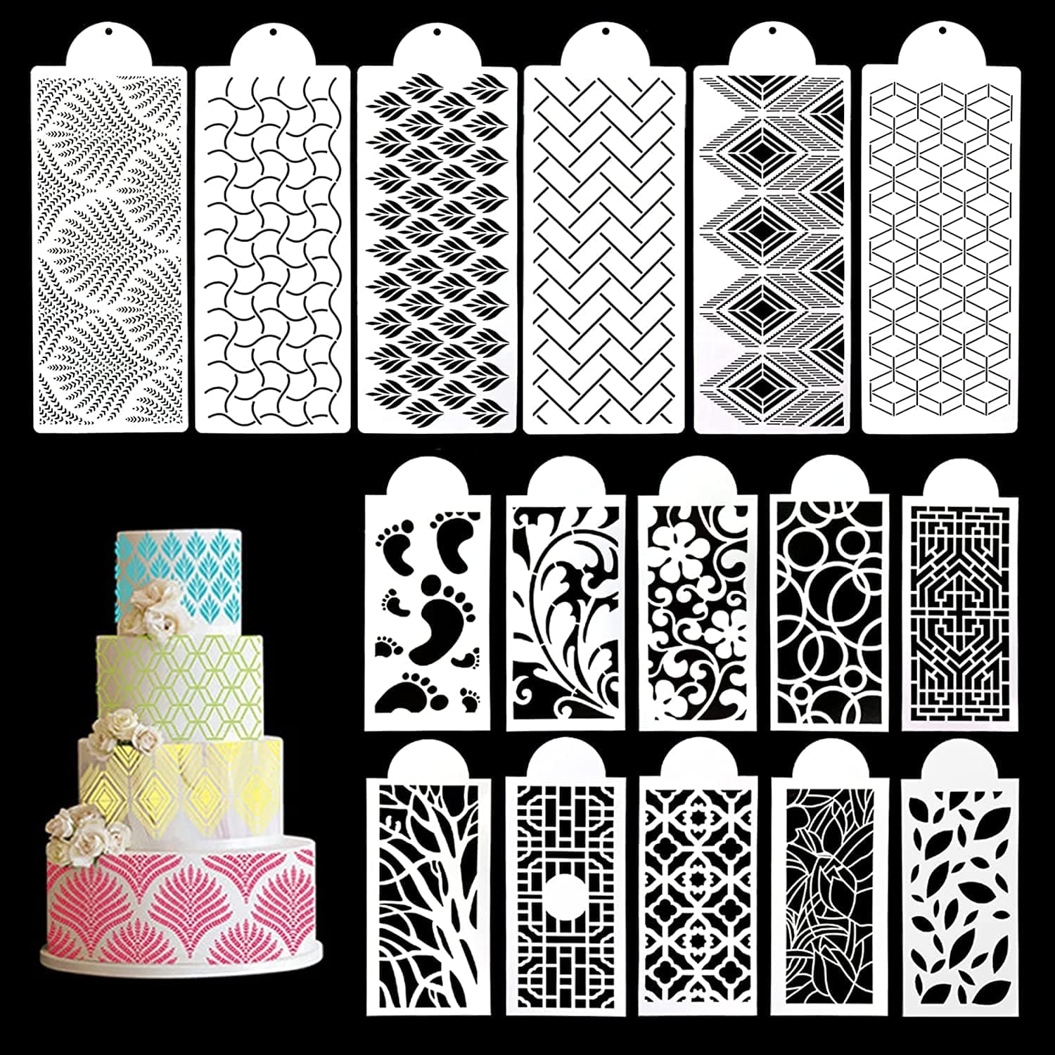 Ivana's 16PCs Cake Decorating Stencils, Floral Cake Templates, Fine Hollow Lace Cookie Fondant Dessert Decorating Molds, Side Baking Mesh Stencil Tool