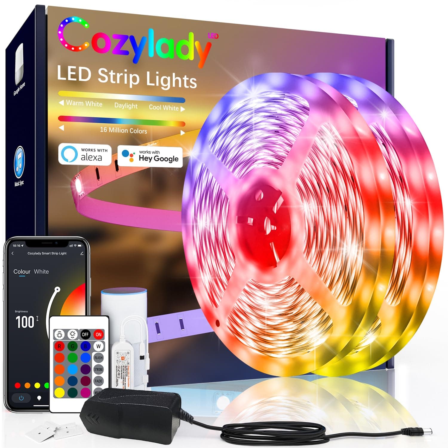 Cozylady 20M Wifi LED Strip Lights Smart LED Light Strips Compatible with Alexa, Google Home Controlled by APP - Music Sync LED Lights Strip for Bedroom Decor, Room Decor, Children's Room（20m）