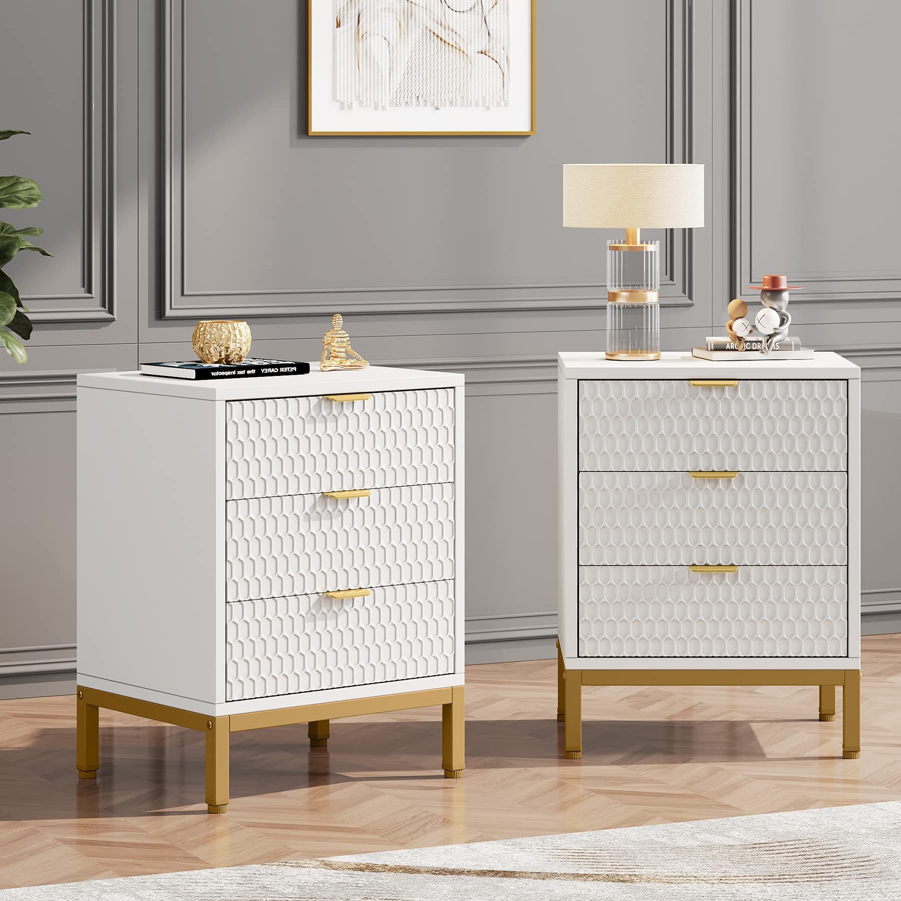 Tribesigns Nightstand Set of 2, 3-Drawer Tall Bedside Table with Storage, Modern Stylish Side Table for Bedroom, Living Room, White and Gold