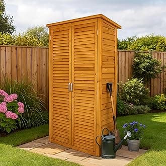 AIRWAVEWooden Garden Storage Tool Shed | Outdoor Weatherproof Utility Cupboard Cabinet for Tools, Cushions, Toys | Functional Internal Shelves | Louvre Door Design | Fir Wood (Tall)