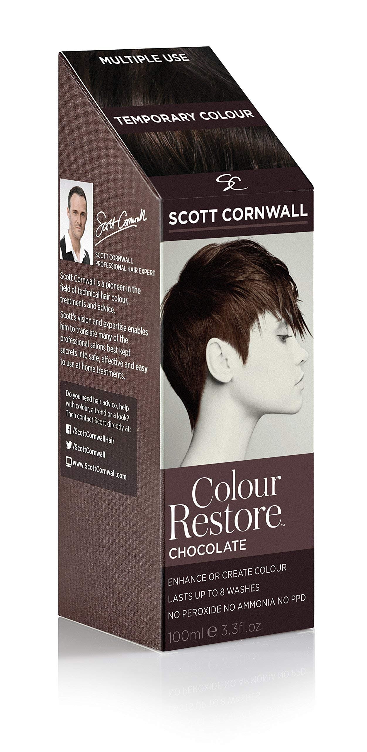 Scott Cornwall Colour Restore Chocolate Temporary Dye - Restores and Creates Rich Glossy Chocolate Tones - PPD Peroxide Free Vegan Friendly Deep Conditioner Grey Cover TouchUp for Dark Brunette Bases