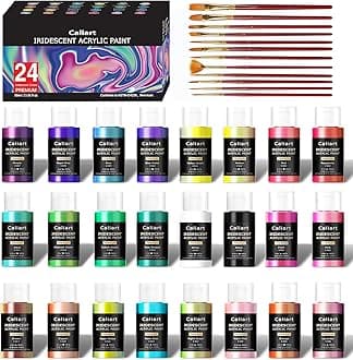 Caliart - Iridescent Acrylic Paint with 12 Brushes, 24 Colors (60ml, 2oz) Art Paintings for Artist, Student, Kids, Beginners, Halloween Decorations, Ceramic Canvas